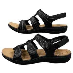 Clarks Collection Laurieann Vine Black Leather Comfort Sandals Size 7W